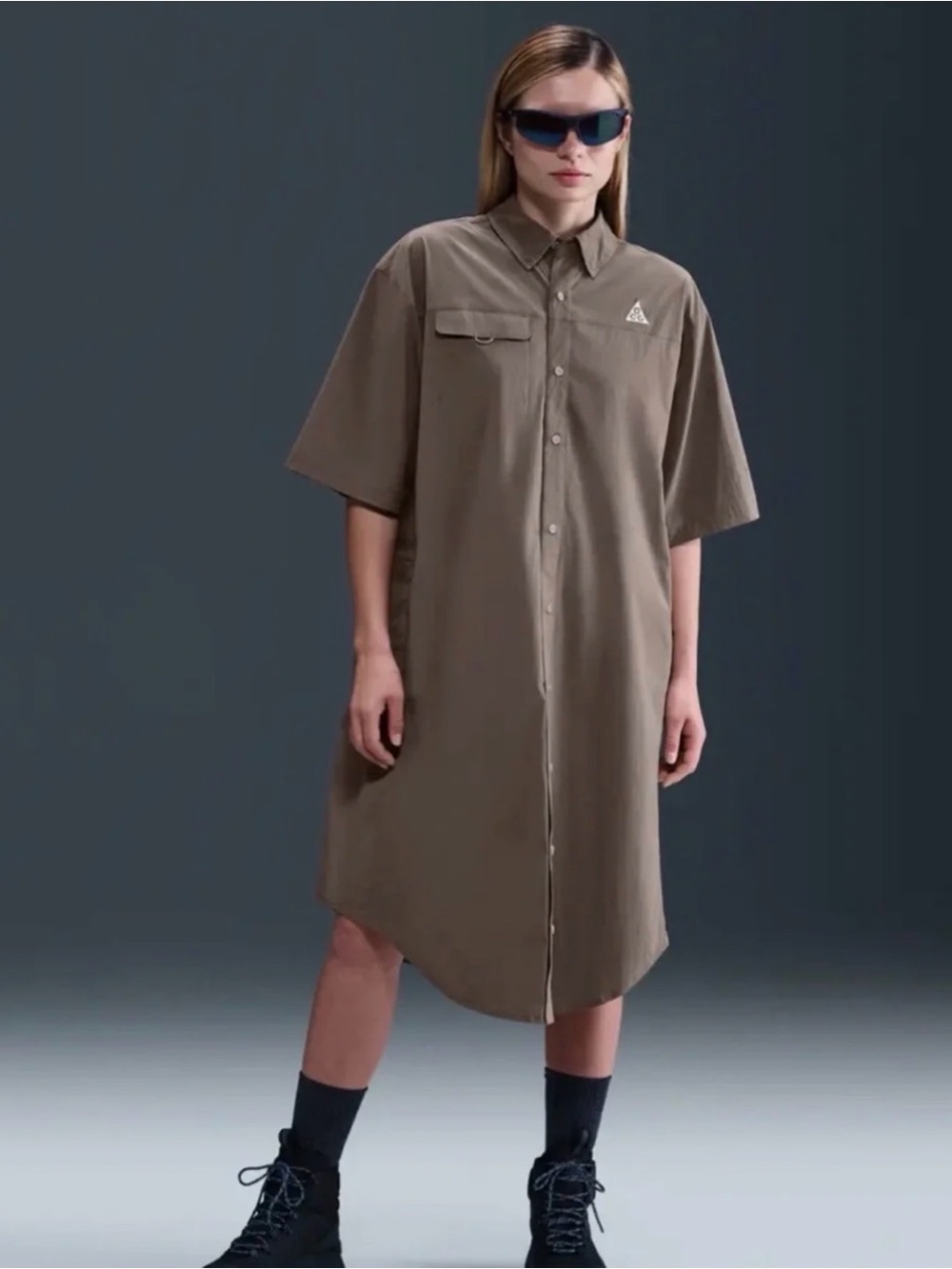 Nike Taupe Short-Sleeve Button-Down Shirt Dress